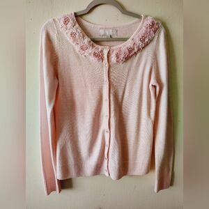 Vintage Carolyn Taylor Light Pink Coquette Lace Pearl Dainty Cardigan Sweater SM
